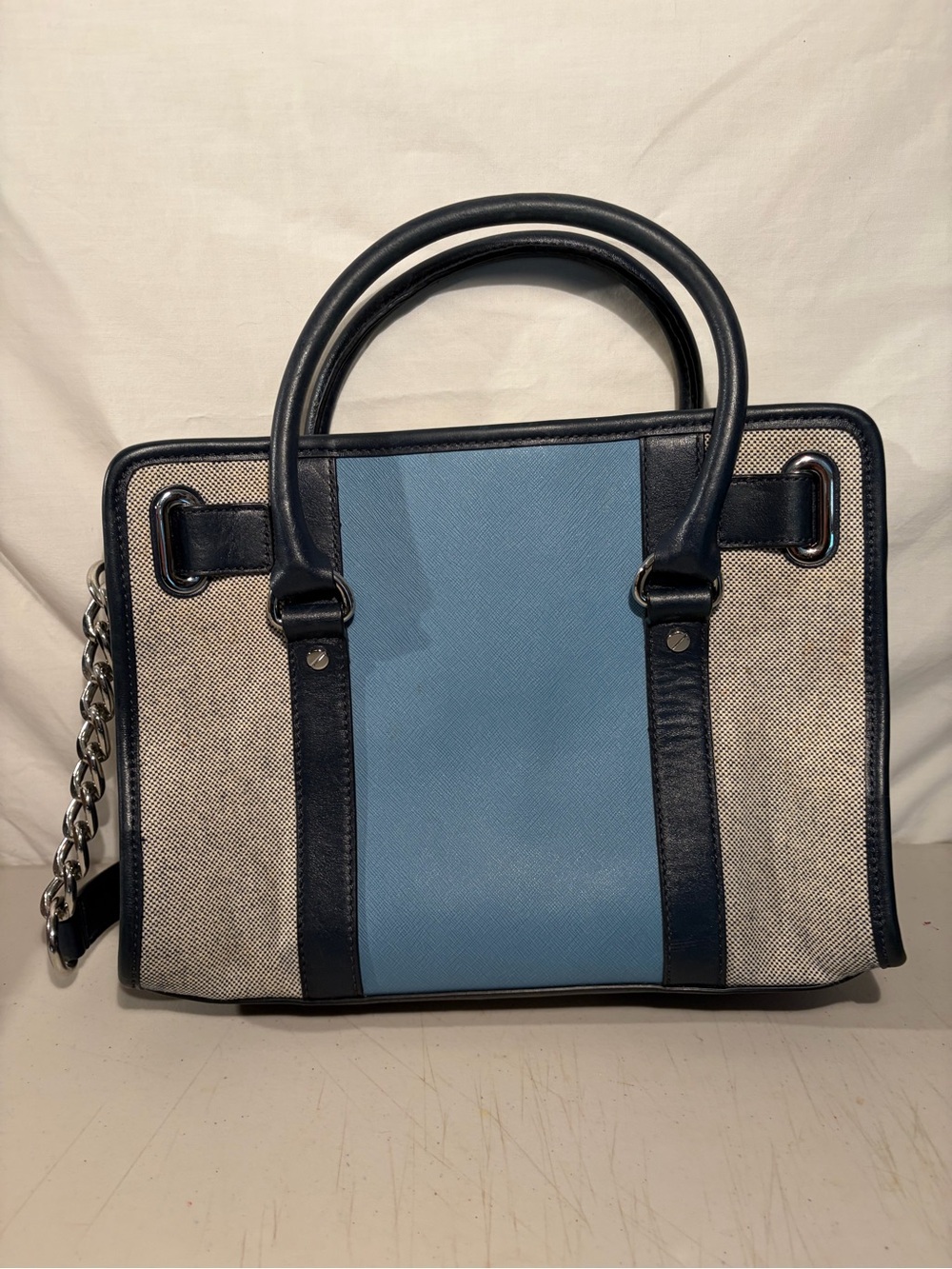 Michael Kors Light Blue and Navy Canvas-Trim Satchel 12x9 - Picture 3 of 8